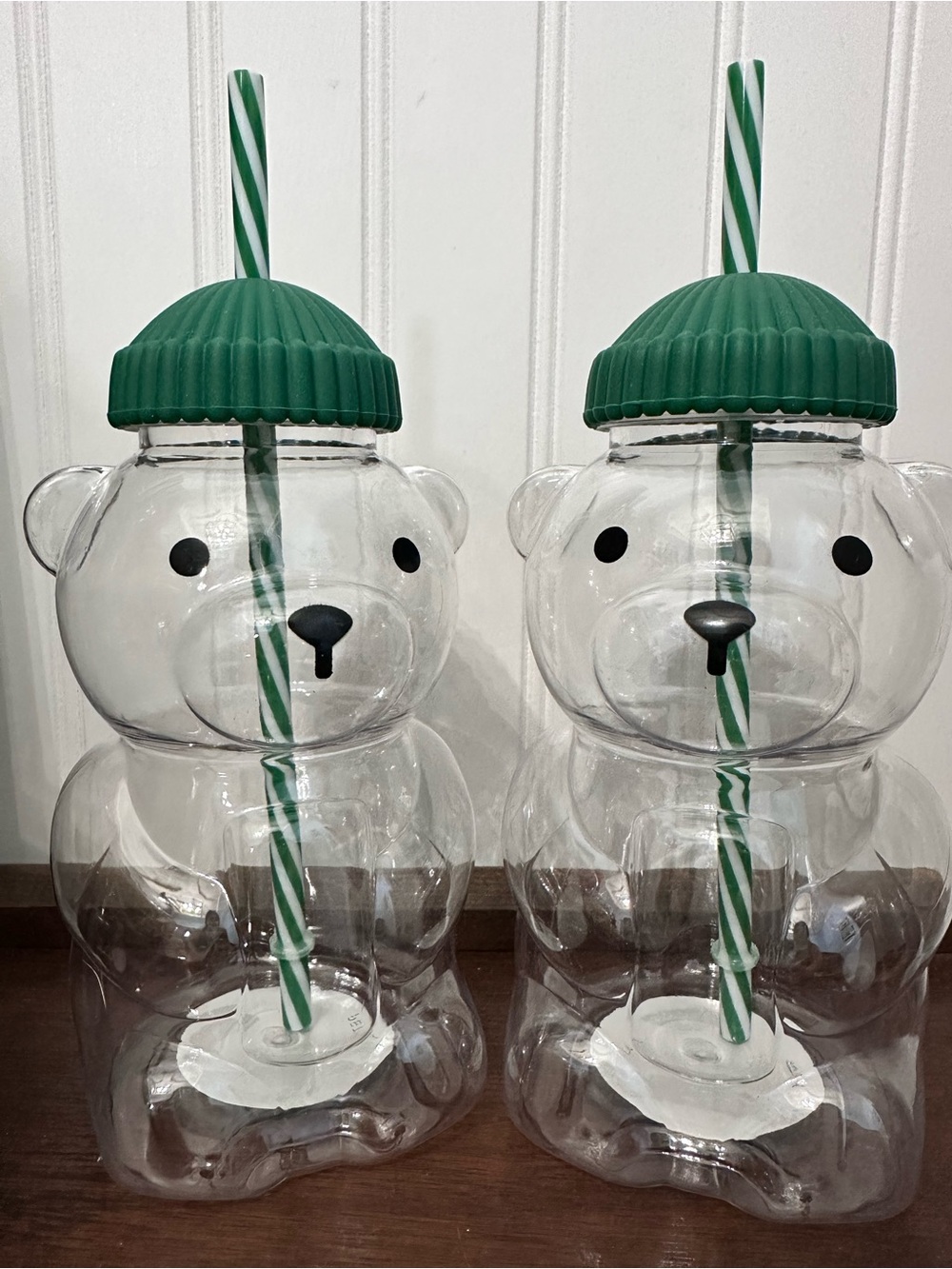 Clear Bear-Shaped Drink Bottle with Green Lid and Straw